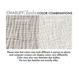 These Charley Charles brand cotton towels are reversible with a different color of muslin gauze on each side. Many color combinations available. Made of soft absorbent natural double gauze fabric, also called bubble gauze. 3 sizes available any use