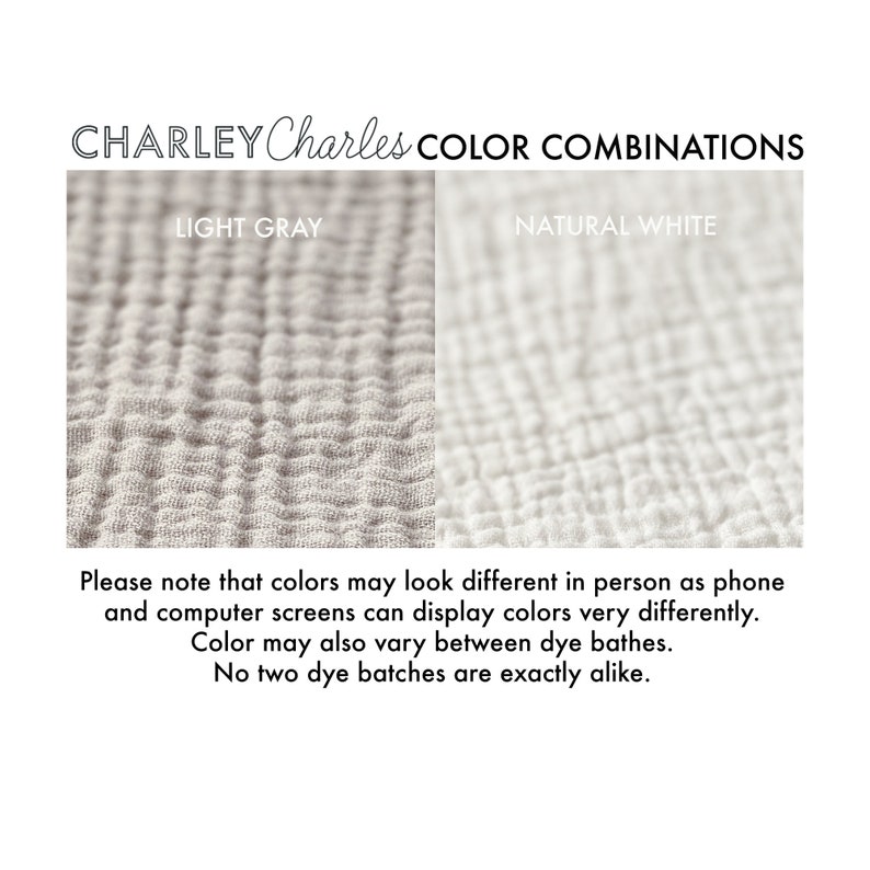 These Charley Charles brand cotton towels are reversible with a different color of muslin gauze on each side. Many color combinations available. Made of soft absorbent natural double gauze fabric, also called bubble gauze. 3 sizes available any use