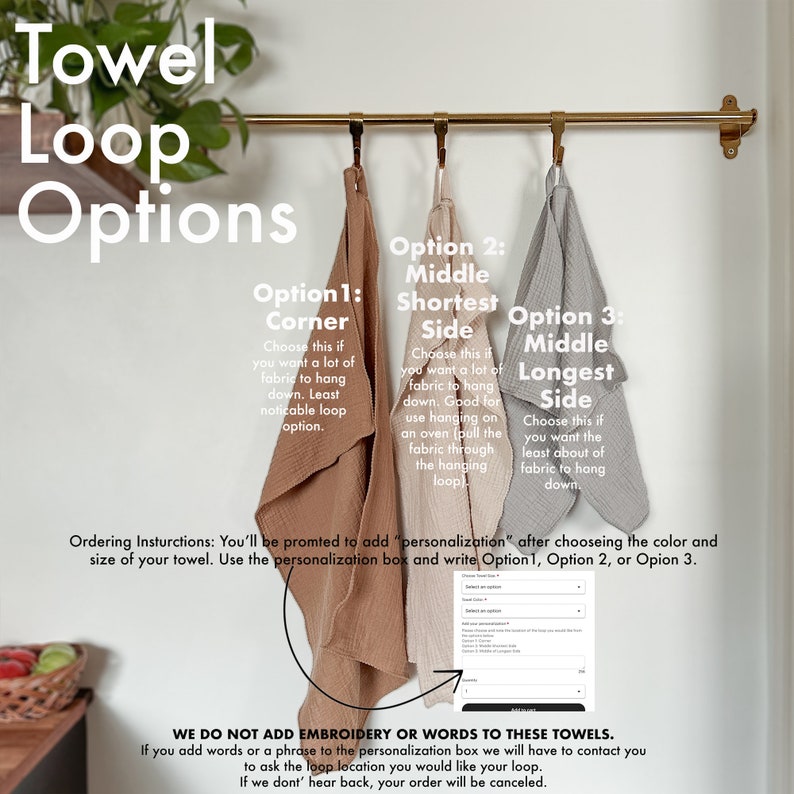 TOWEL WITH LOOP For Hanging / Thin Very Lightweight Gauze / 3 Sizes Available / Soft Cotton Muslin / Minimalist Simple Style Crinkle Texture image 3