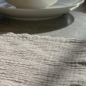 May include: A light gray, rectangular textile cloth featuring a distinct, multi-layered crinkled texture. The fabric displays a consistent, fine-grained, puckered surface pattern throughout, creating a soft, dimensional appearance across the entire piece.