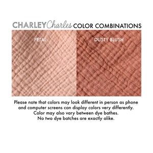 These Charley Charles brand cotton towels are reversible with a different color of muslin gauze on each side. Many color combinations available. Made of soft absorbent natural double gauze fabric, also called bubble gauze. 3 sizes available any use