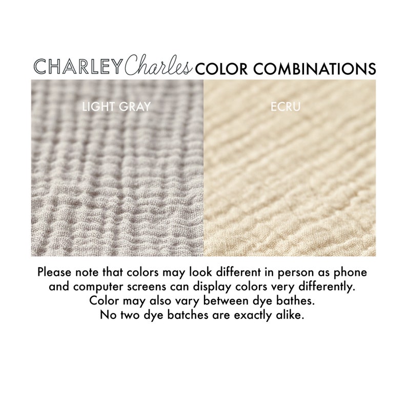 These Charley Charles brand cotton towels are reversible with a different color of muslin gauze on each side. Many color combinations available. Made of soft absorbent natural double gauze fabric, also called bubble gauze. 3 sizes available any use