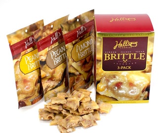 Hall's Assorted Brittle Variety Pack, 3.5 Oz Bags (Pack of 3), Peanut Brittle - Almond Brittle - Pecan Brittle