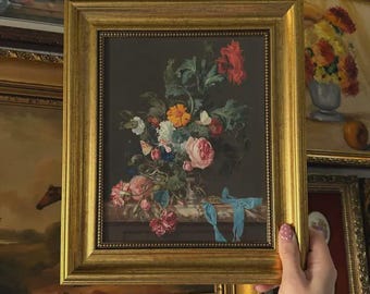 Vintage Style Moody Floral Still Life Art Print in Gold Frame 8x10