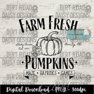 Puede incluir: Descarga digital en blanco y negro con una ilustración de calabaza y el texto "Farm Fresh Pumpkins". El texto adicional incluye "Maze, Hayrides, Games" y "Shady Acres, Est. 2021, Amity, Al."