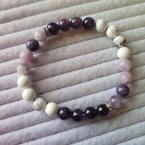Calm and Stress Relief Intention Bracelet with Amethyst, Howlite, and Lepidolite image 1