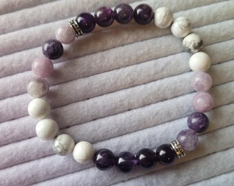 Calm and Stress Relief Intention Bracelet with Amethyst, Howlite, and Lepidolite