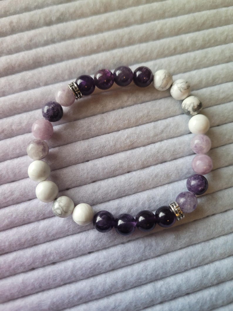 Calm and Stress Relief Intention Bracelet with Amethyst, Howlite, and Lepidolite image 1