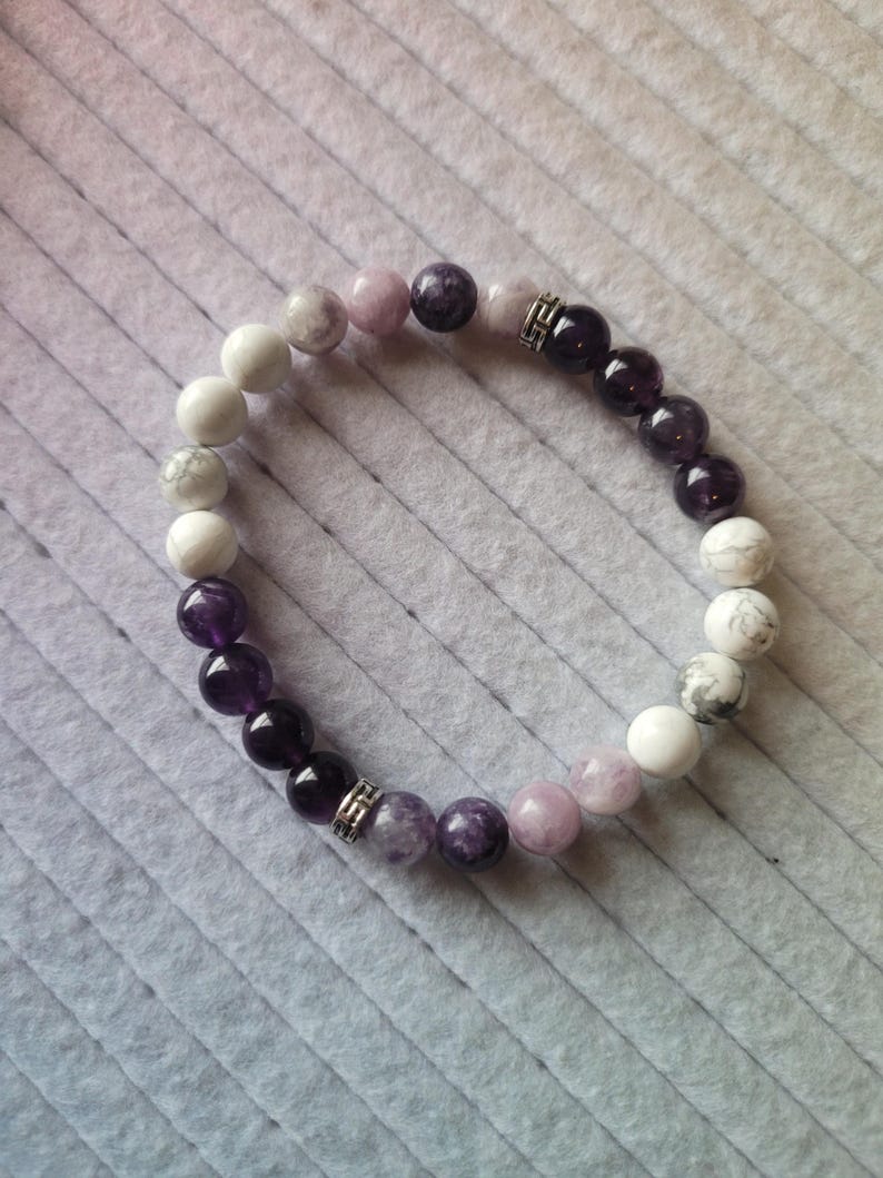Calm and Stress Relief Intention Bracelet with Amethyst, Howlite, and Lepidolite image 2