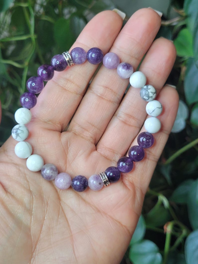Calm and Stress Relief Intention Bracelet with Amethyst, Howlite, and Lepidolite image 3