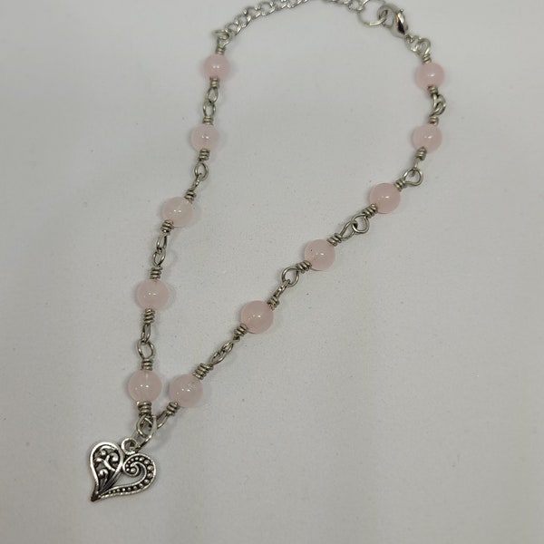 Rose Quartz Anklet with heart charm