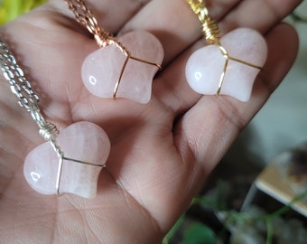 Wire Wrapped Rose Quartz Mini Puffy Heart Pendant / Necklace