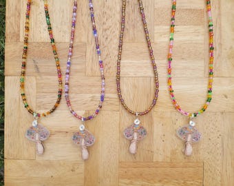 Mushroom Necklace with Glass Seed Beads and Resin Pendant