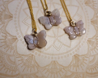 Flower Agate Butterfly wire wrapped Pendant / Necklace