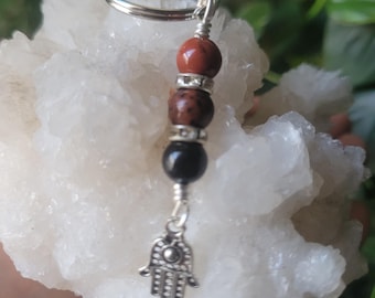 Stability and Grounding Intention Key chain with Red Jasper, Mahogany Obsidian and Black Tourmaline