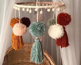 Pom Pom Baby Mobile-Boho Nursery Decor-Boho Rainbow Mobile-Pompom Baby Gift-Macrame Rainbow-Baby Shower Gift