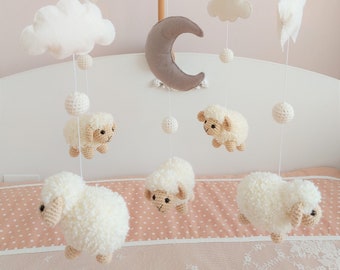 Sheep Baby Mobile Nursery Mobile-Woodland Mobile-Crochet Animals-Nursery Decor-Woodland Baby Shower Gift-Crib Mobile