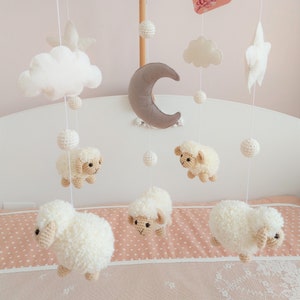 Sheep Baby Mobile Nursery Mobile-Woodland Mobile-Crochet Animals-Nursery Decor-Woodland Baby Shower Gift-Crib Mobile
