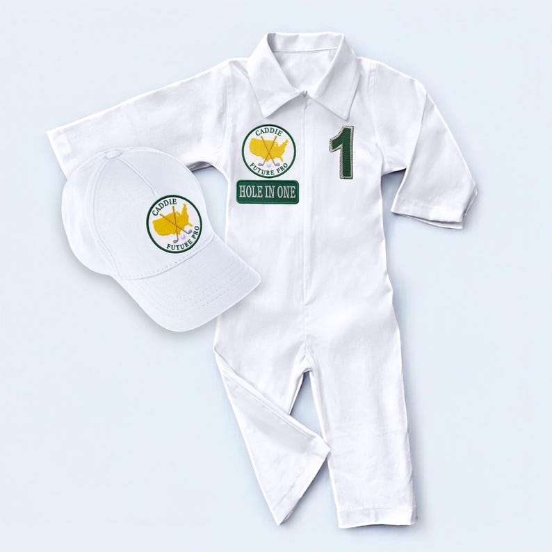 A close-up shot focusing on the upper body of the long-sleeve white golf coverall. It reveals the fabric's soft texture, the button-down collar design, and the precision of the "Hole in One" and custom name patches. This detailed image helps customers see the stitch quality and the premium feel of the handmade garment.