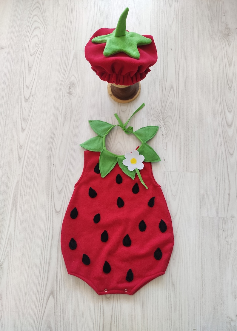 Strawberry Costume Pink Toddler Dress with Apron – Handmade Strawberry Birthday Outfit for Baby Girl
