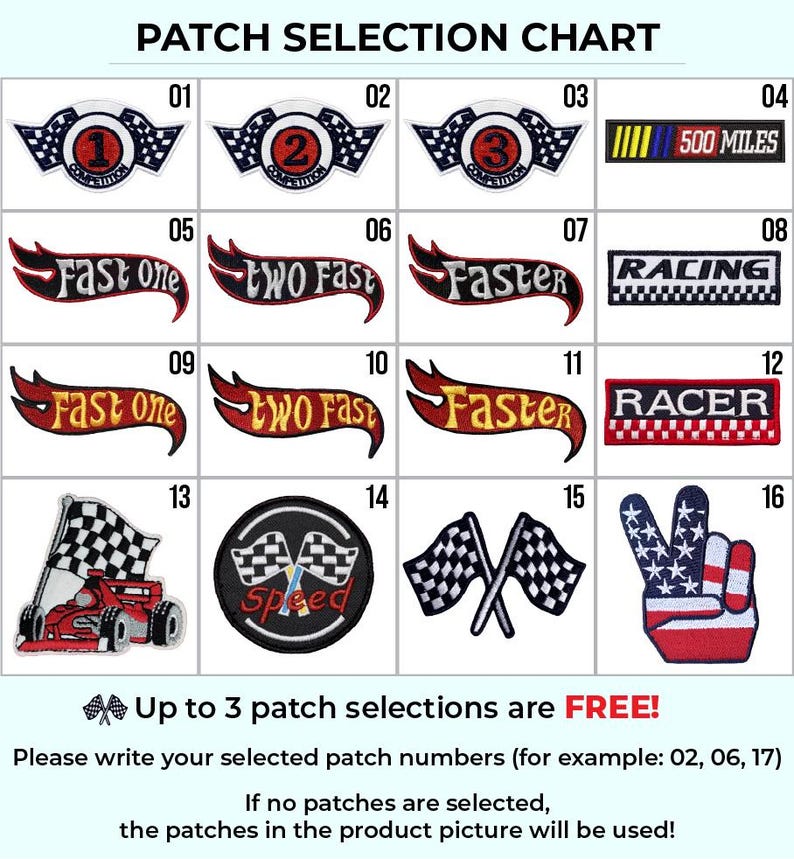 Chart showing 16 different patch and badge options for the racing suit. Includes checkered flags, "Fast" text, and number logos. Customers can choose 3 free patches to fully customise their baby’s outfit, ensuring a unique and personalised design for every little driver.