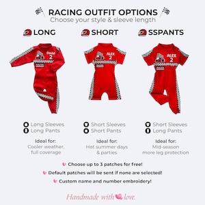 Handmade red kids racing outfit with embroidered race car, checkered stripes, personalized name and number, and matching hat – perfect for dress-up and party fun.