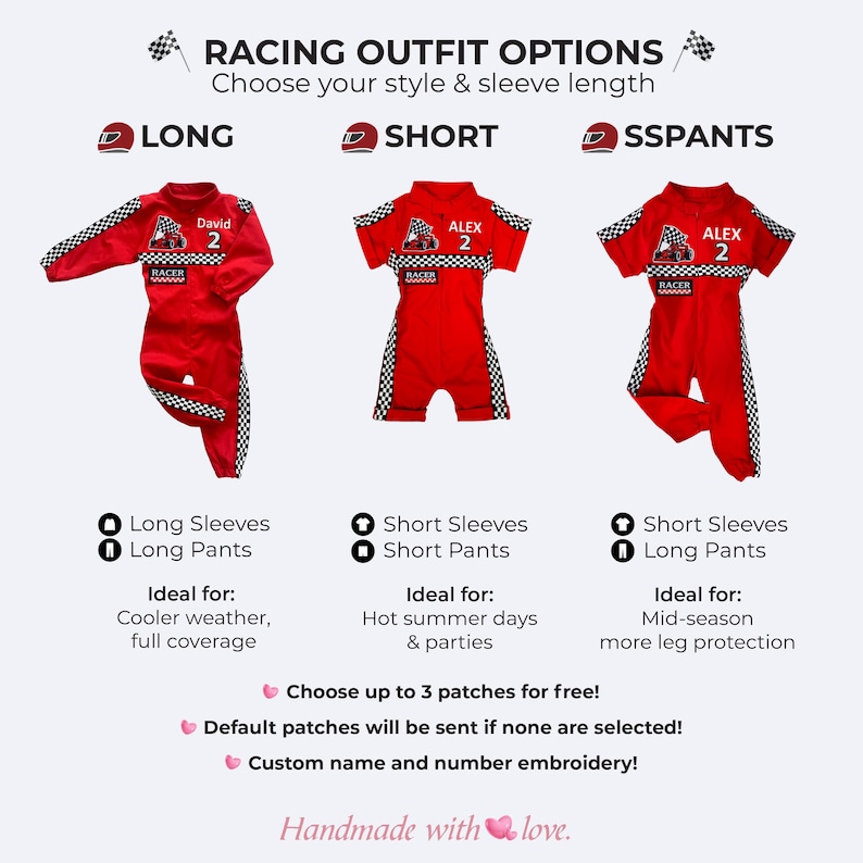 Handmade red kids racing outfit with embroidered race car, checkered stripes, personalized name and number, and matching hat – perfect for dress-up and party fun.