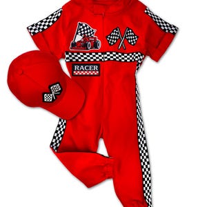Custom red kids race car costume – short sleeve jumpsuit decorated with racing patches and checkerboard stripes, paired with a red baseball cap. Back design includes child’s name and number. A perfect outfit for birthdays, Halloween, and themed events.