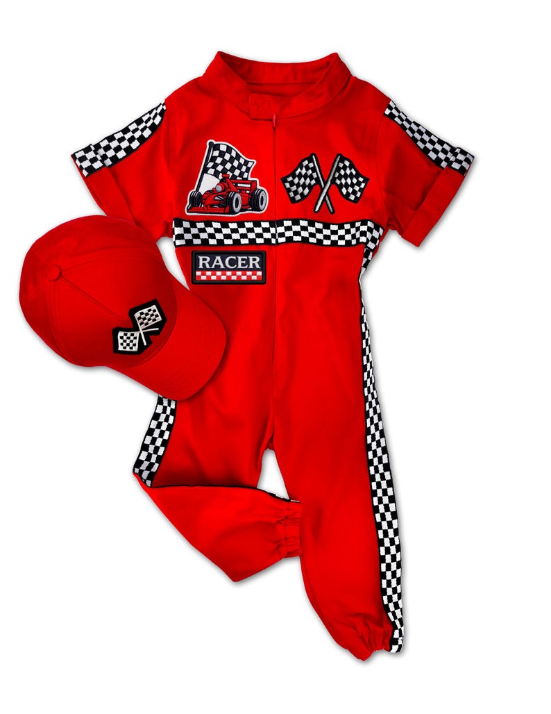 Custom red kids race car costume – short sleeve jumpsuit decorated with racing patches and checkerboard stripes, paired with a red baseball cap. Back design includes child’s name and number. A perfect outfit for birthdays, Halloween, and themed events.