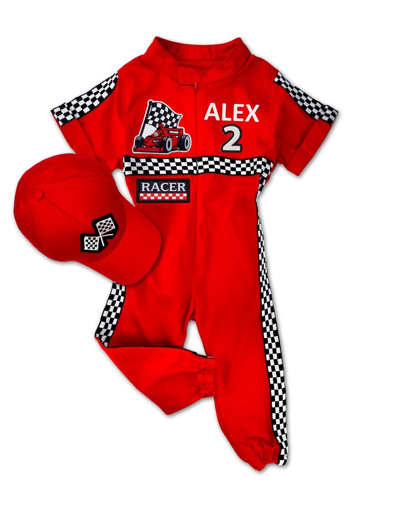 Personalized kids racing outfit – custom short sleeve red jumpsuit with elastic ankles, black-white checkered side stripes, and matching hat. Back can be embroidered with child’s name and number. Fun for race-themed birthdays, pretend play, or photoshoots.