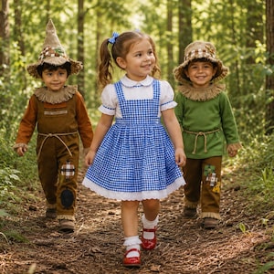 May include: Three children wearing costumes: a brown scarecrow outfit with a pointed hat, a blue and white gingham dress with a white blouse, and a green shirt with brown pants and a straw-textured hat, all featuring rustic fabric details.