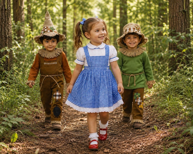 May include: Three children wearing costumes: a brown scarecrow outfit with a pointed hat, a blue and white gingham dress with a white blouse, and a green shirt with brown pants and a straw-textured hat, all featuring rustic fabric details.
