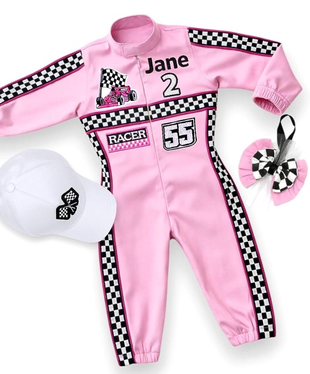 Pink Racer Girl Costume, Personalized Kids Racing Outfit, Fuchsia Trim ...