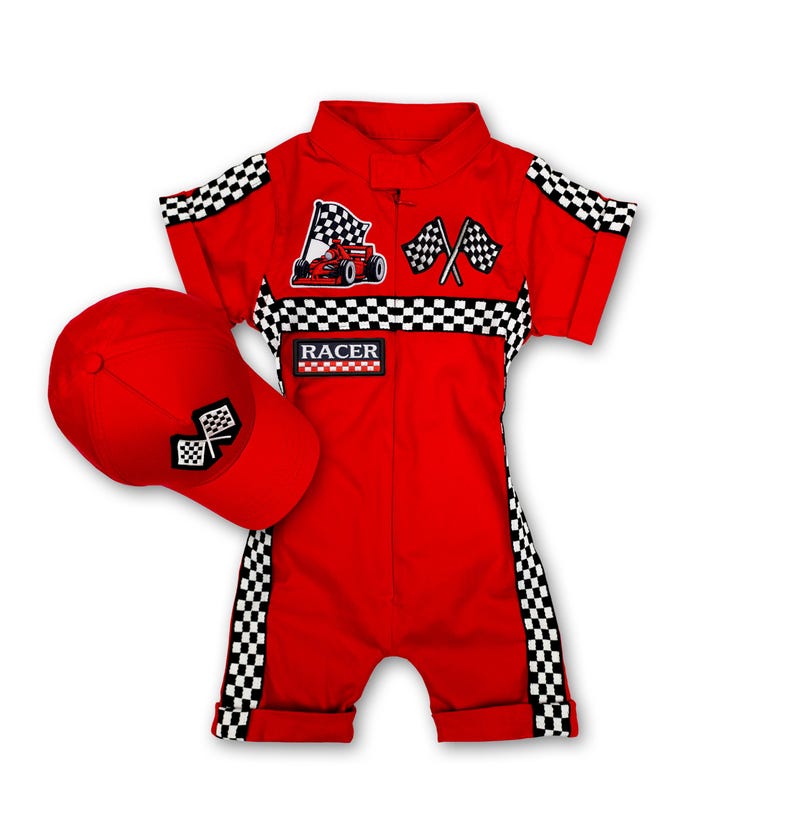 Full-length front shot of the racing-themed short-sleeved baby romper. Striking racing patches and contrast black-and-white checkered details on a vibrant red color. Stylish and practical children's costume with high-quality stitching and a convenient zipper design.