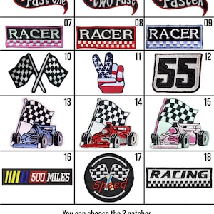 May include: A set of 18 iron-on patches featuring racing themes. The patches include checkered flags, cars, and phrases like "Fast One", "Two Fast", "Racer", and "500 Miles".