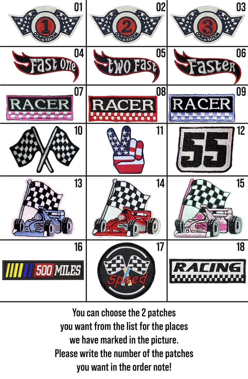 May include: A set of 18 iron-on patches featuring racing themes. The patches include checkered flags, cars, and phrases like "Fast One", "Two Fast", "Racer", and "500 Miles".