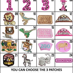 May include: A grid of 24 iron-on patches featuring various animal and safari themes. The patches are numbered 1 through 24.  You can choose the 3 patches you want from the list. Please write the number of the patches you want in the order note! We can write any number you want on the number patches!