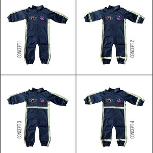 May include: Four different concepts for a blue jumpsuit with reflective yellow stripes and a peace sign and American flag patch. The jumpsuit has a zipper closure and a collar.  CONCEPT 1, CONCEPT 2, CONCEPT 3, and CONCEPT 4 are written on the image.