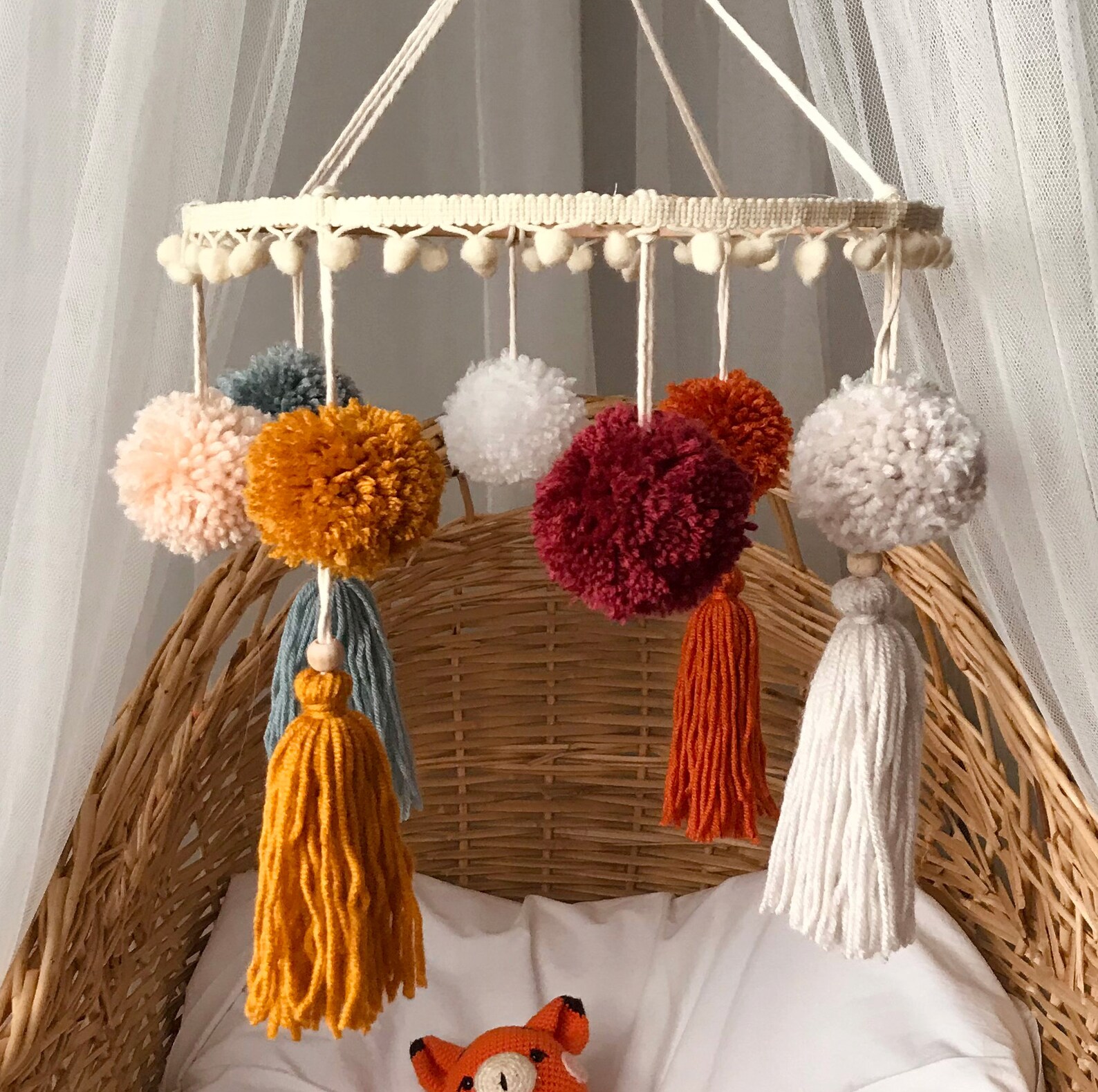 Pom Pom Baby Mobileboho Nursery Decorboho Rainbow Etsy
