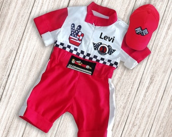 Personalized Short Sleeves Race Suit Overalls | Halloween Costume | 1st Birthday Gift | Race Car Birthday