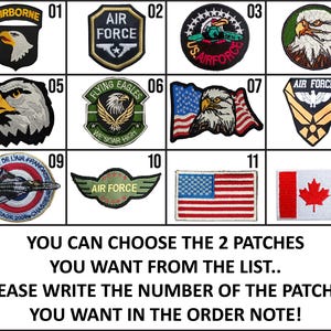 K&ouml;nnte beinhalten: Eine Sammlung von zw&ouml;lf gestickten Aufn&auml;hern mit Milit&auml;r-, Luftfahrt- und Nationalflaggenmotiven, darunter Adler, der Text AIRBORNE, AIR FORCE sowie die Flaggen der USA und Kanadas. Text: YOU CAN CHOOSE THE 2 PATCHES YOU WANT FROM THE LIST..