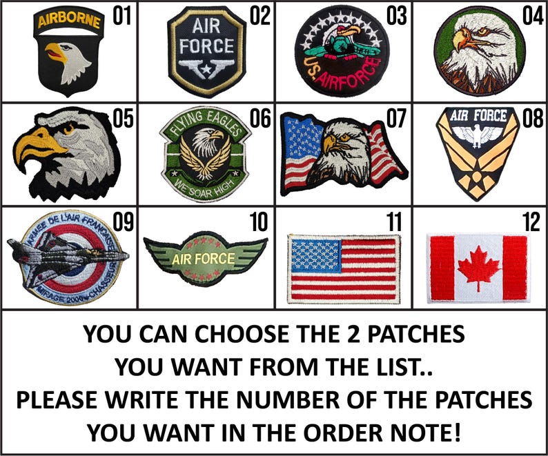 K&ouml;nnte beinhalten: Eine Sammlung von zw&ouml;lf gestickten Aufn&auml;hern mit Milit&auml;r-, Luftfahrt- und Nationalflaggenmotiven, darunter Adler, der Text AIRBORNE, AIR FORCE sowie die Flaggen der USA und Kanadas. Text: YOU CAN CHOOSE THE 2 PATCHES YOU WANT FROM THE LIST..