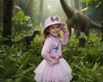 Personalized Pink Safari Birthday Outfit for Girls - Custom Name Birthday Dinosaur Safari Costume - Toddler Girl Safari Hat and Tutu Set
