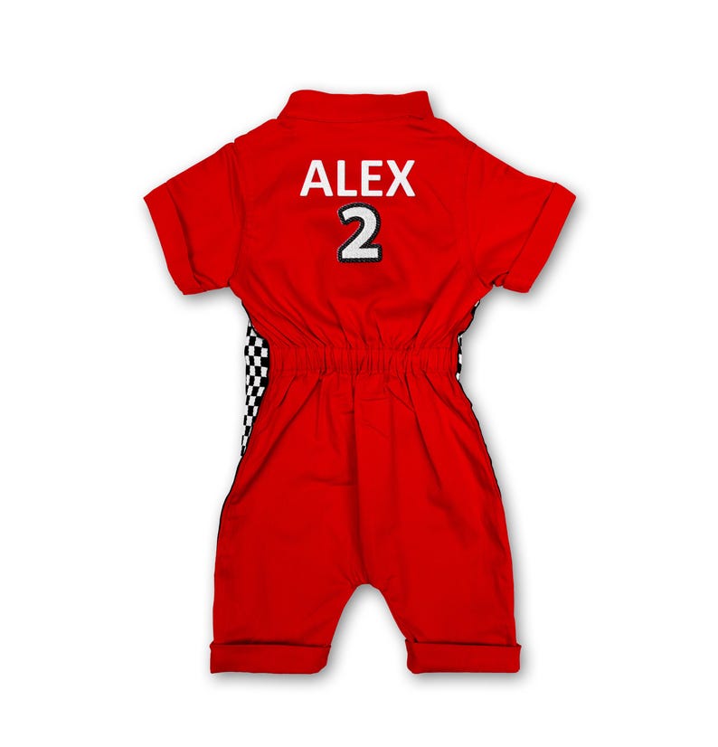 Another angle focusing on the "ALEX 2" embroidery on the back and the checkered stripes on the sides. This custom-made design ensures babies are the center of attention at first birthday parties. Breathable cotton fabric helps kids stay comfortable and sweat-free all day.