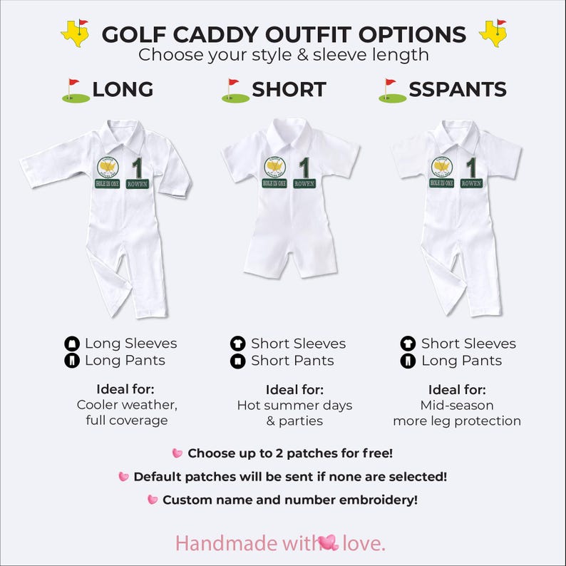 Detailed infographic explaining the three available outfit variations: Long (long sleeves and pants), Short (short sleeves and pants), and SSpants (short sleeves with long pants). It includes descriptions of which style is best for different weather conditions, ensuring customers choose the perfect fit for their golf event.