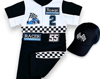 Light Blue and Black Race Car Costume - Two Fast Outfit - Fast One Birthday Suit - Custom Racer Outfit with Hat - Kids Racing Party Clothes
