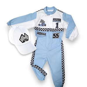 May include: A blue and white racing jumpsuit with black and white checkered trim. The jumpsuit has a name tag that says "DeWayne" and the number "1". It also has a patch that says "RACER" and the number "55". The jumpsuit comes with a white baseball cap with a black and white checkered flag design.
