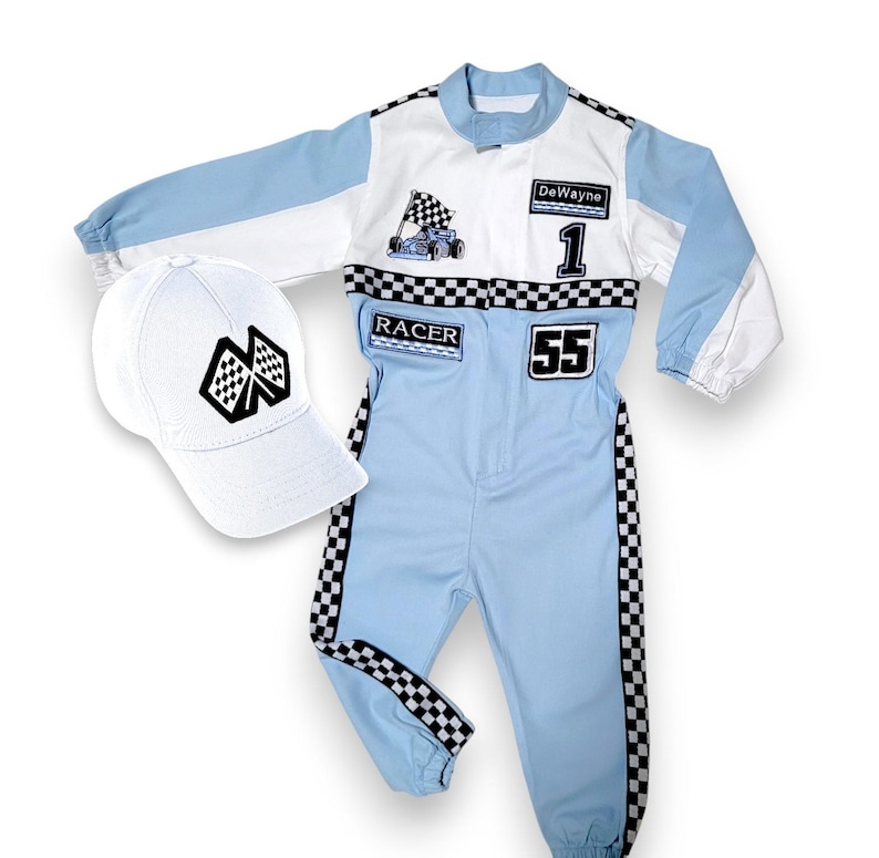 May include: A blue and white racing jumpsuit with black and white checkered trim. The jumpsuit has a name tag that says "DeWayne" and the number "1". It also has a patch that says "RACER" and the number "55". The jumpsuit comes with a white baseball cap with a black and white checkered flag design.