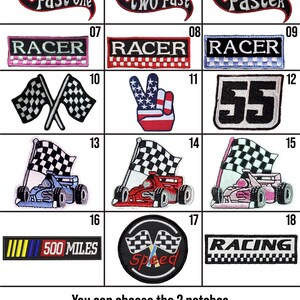 May include: A selection of 18 iron-on patches featuring racing themes. The patches include checkered flags, race cars, numbers, and words like "Racer", "Fast One", and "500 Miles".