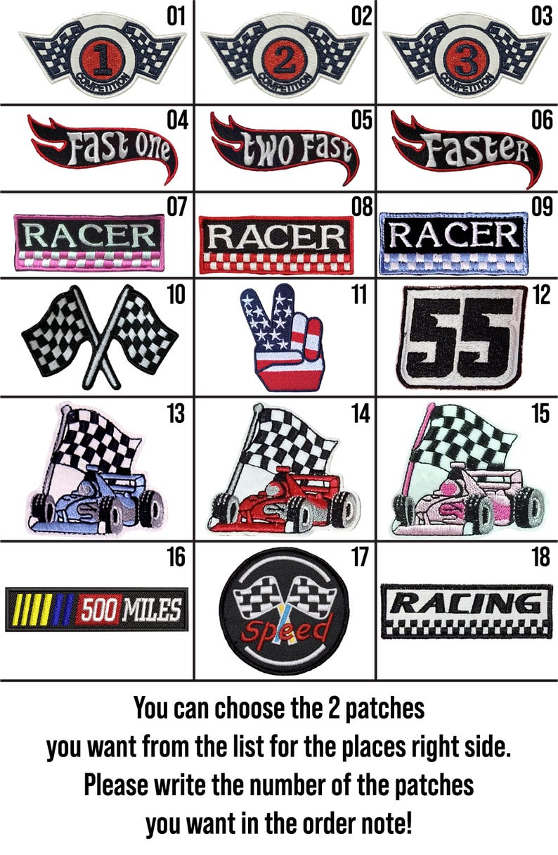 May include: A selection of 18 iron-on patches featuring racing themes. The patches include checkered flags, race cars, numbers, and words like "Racer", "Fast One", and "500 Miles".